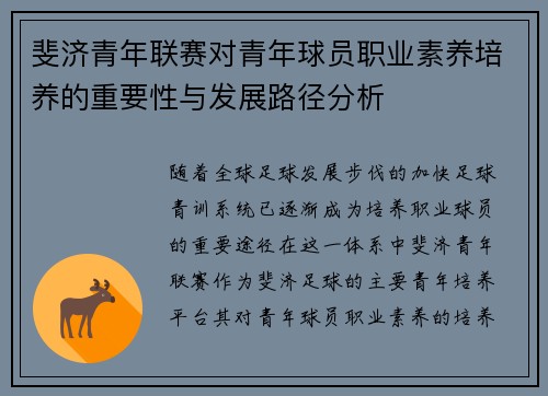 斐济青年联赛对青年球员职业素养培养的重要性与发展路径分析 斐济青年联赛对青年球员职业素养培养的重要性与发展路径分析