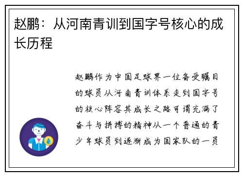 赵鹏：从河南青训到国字号核心的成长历程